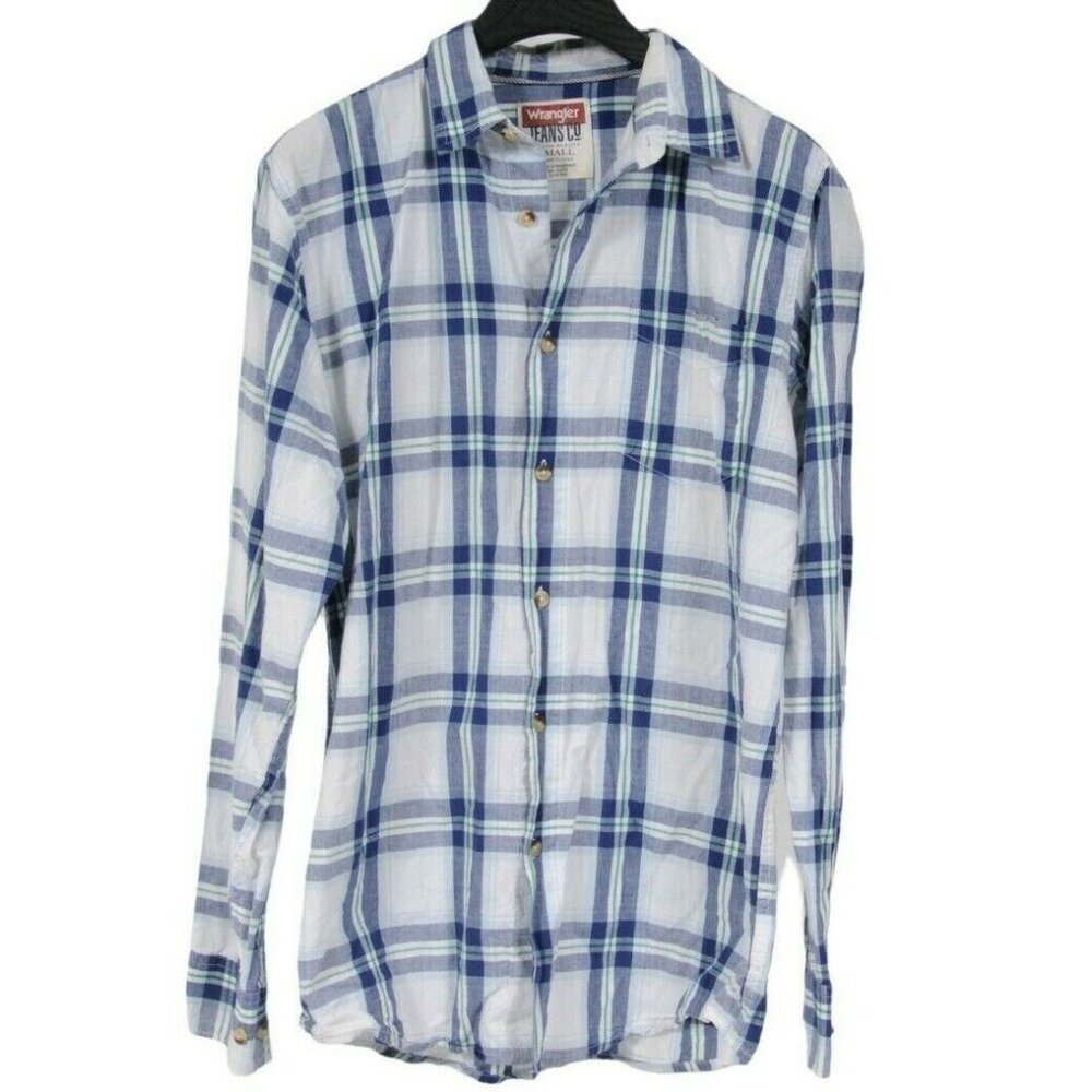 Wrangler Jeans Co Mens Down Shirt Small White Green Blue Plaid Windowpane